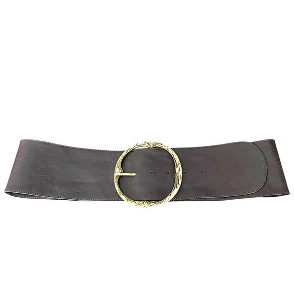 Chocolate Brown Leather Wide Waist Belt Gold Tone Circle Buckle Rhinestone - Picture 1 of 7
